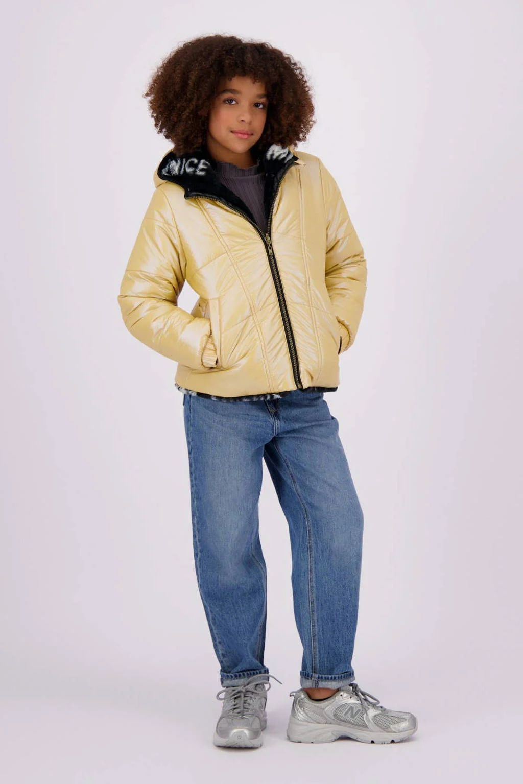 Vingino reversible gewatteerde imitatiebont winterjas Tabra goud/zwart/wit
