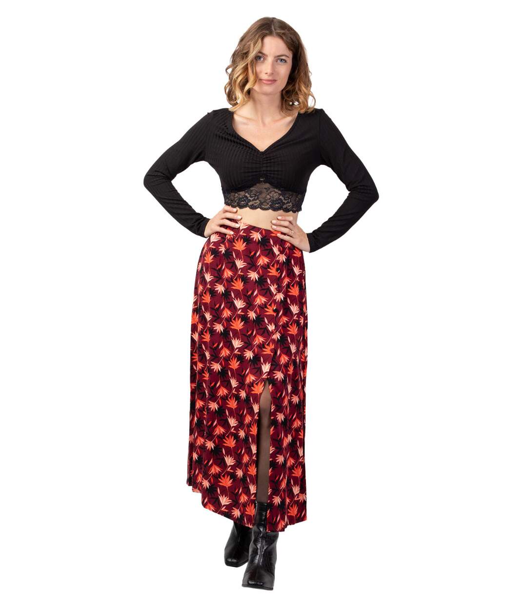 Jupe longue fendue hiver en viscose épais LIBERTY motif fleuri bordeaux Coton Du Monde