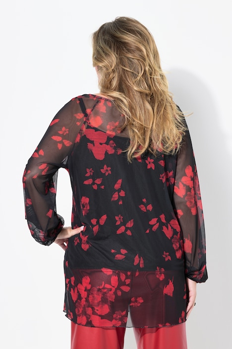 Bluse, Mesh, floraler Print, weiter Langarm