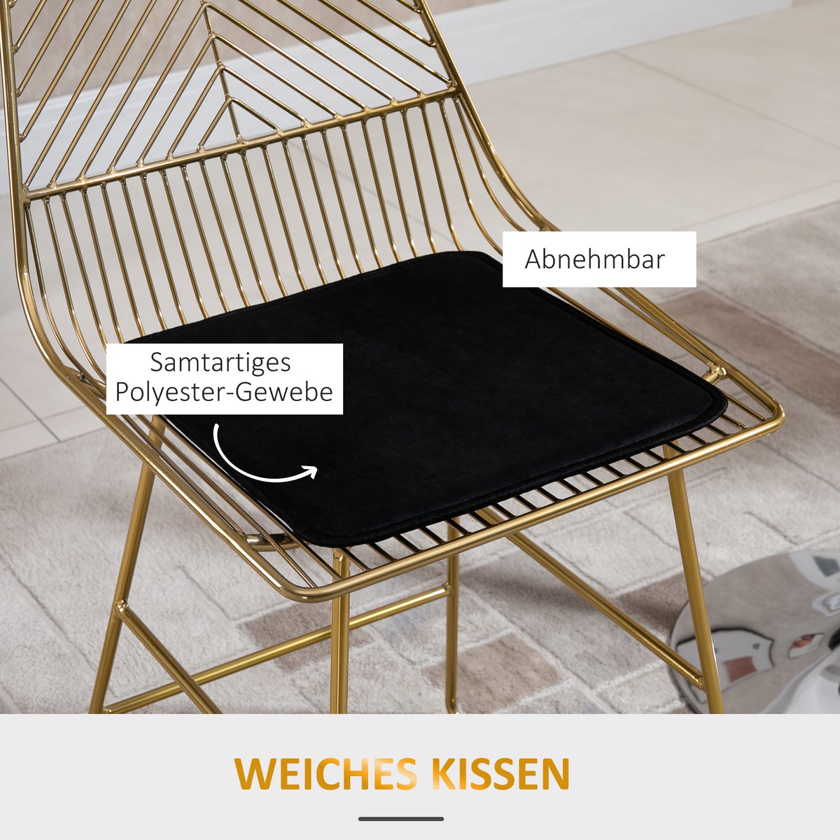 HOMCOM Set van 2 barkrukken, bistrokrukken met voetensteun en kussen, barstoel, keukenstoel met stalen poten voor woonkamer, eetkamer, goud, 46 x 56 x 95 cm