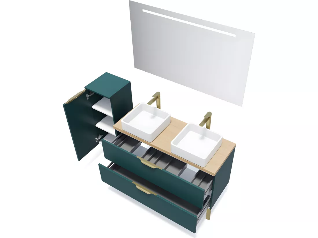 Meuble de salle de bain suspendu 2 vasques à poser 120cm 2 tiroirs Bleu - Venice
