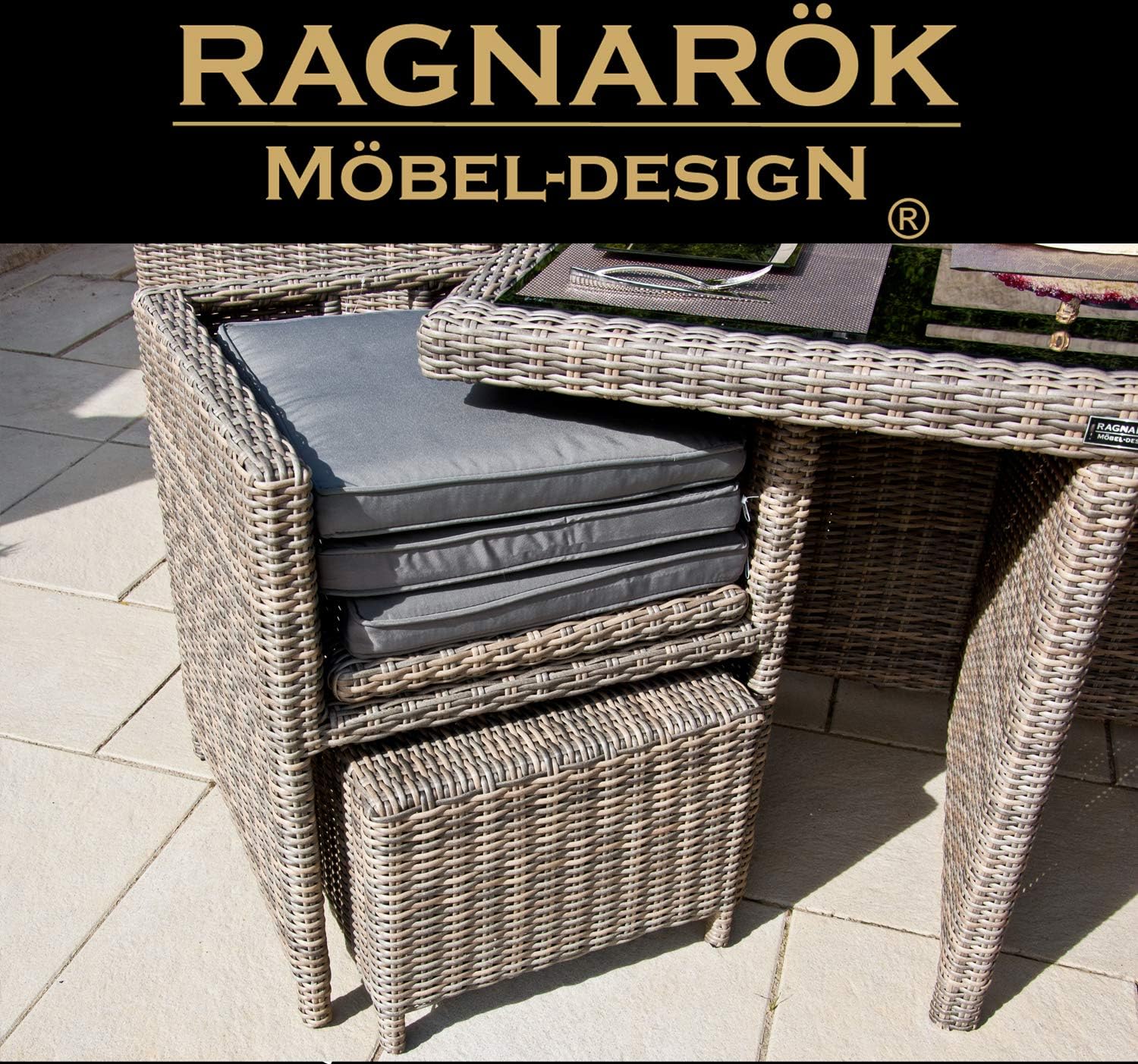 PolyRattan - Deutscher Hersteller - 10 Jahre GARANTIE auf UV-Beständigkeit - Gartenmöbel Essgruppe Tisch 8 Stuhl Hocker Polster Rostfrei Aluminium Dining Lounge Naturfarben Grau Schwarz