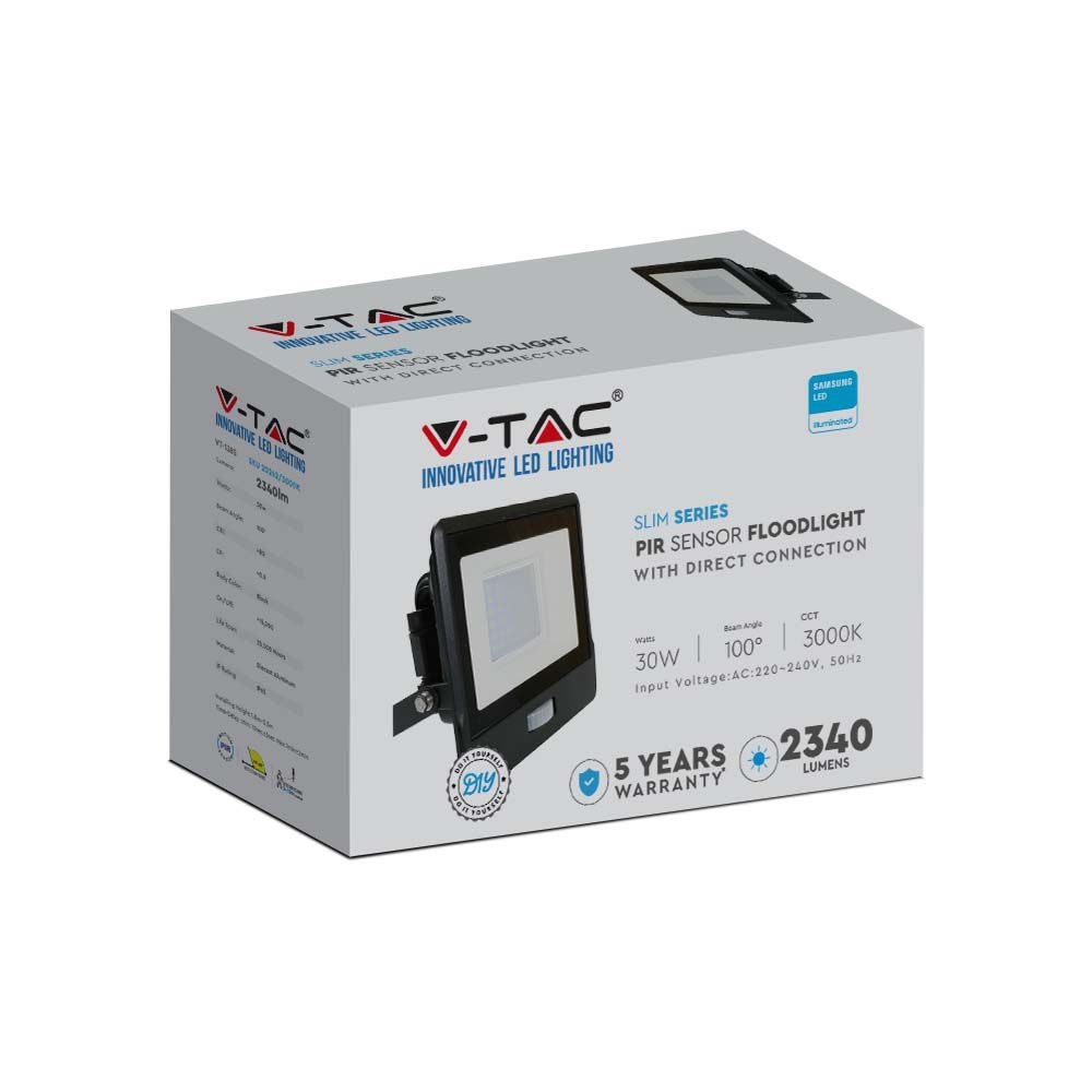 V-TAC VT-138S-B - LED-schijnwerper met PIR-sensor - Zwart - Samsung - IP65 - 30W - 2340