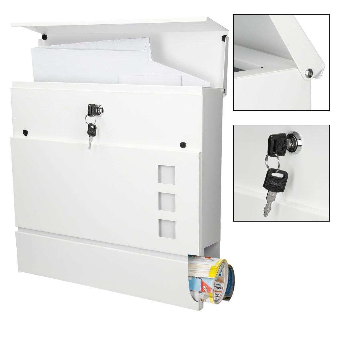ECD Germany witte brievenbus met krantenvak, slot en 2 sleutels, inclusief bevestigingsmateriaal, 37x10,5x36,5 cm, van staal, moderne design wandbrievenbus, brievenbus, brievenbus met krantenvak