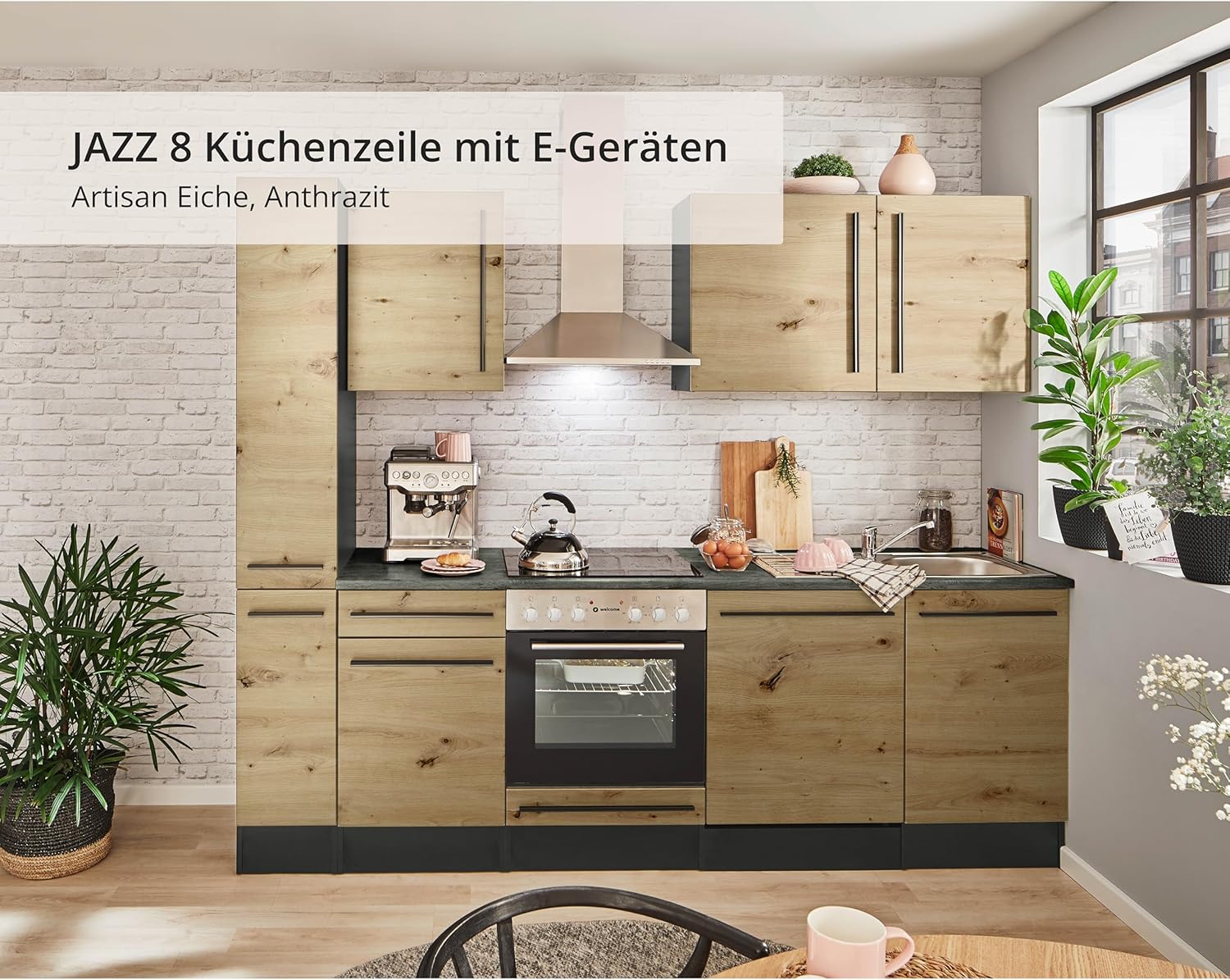Jazz 8 Moderne Küchenzeile mit Elektrogeräten in Anthrazit, Artisan Eiche Optik - Geräumige Einbauküche mit viel Stauraum - 250 x 212 x 60 cm (B/H/T)