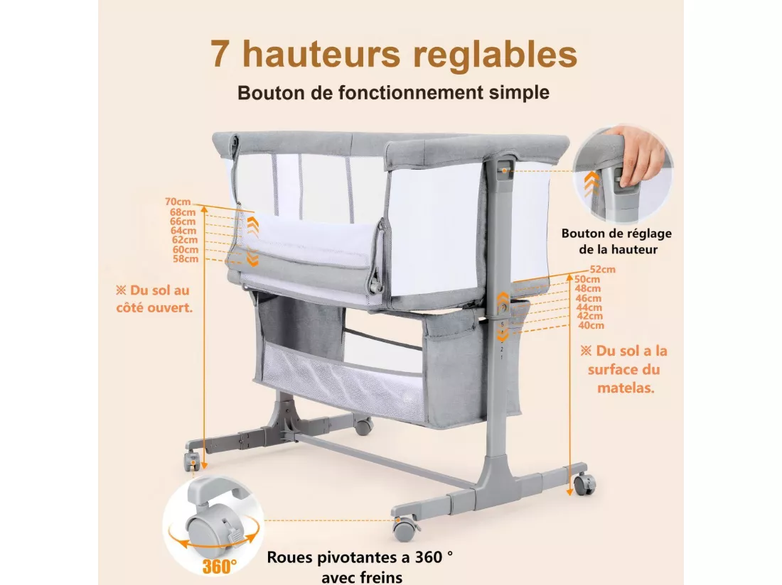 Berceau Cododo, 7 Hauteurs Réglables, avec matelas et sac de Rangement, paroi latérale pliable, roues pivotantes à 360° avec frein