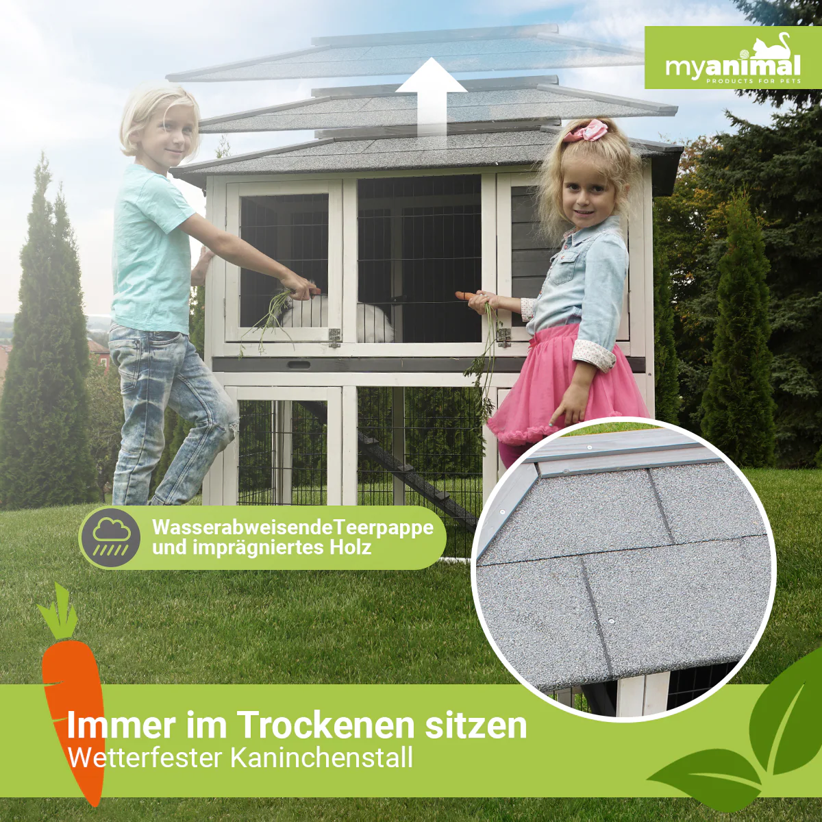 MyAnimal Hasenstall MH-28, 2-stöckig, 4 Türen, wetterfester Kaninchenstall, imprägniertes Holz (Grau/Weiß 2.0)