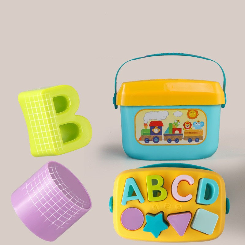 (15-tlg. Set) Kinder Lern Spielzeug Buchstaben   Formen Bausteine mit Eimer - Gelb / Türkis