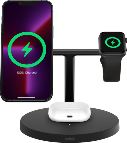 Belkin Boost Charge Pro MagSafe en Qi2 3-in-1 Draadloze Oplader 15W met Standaard Zwart