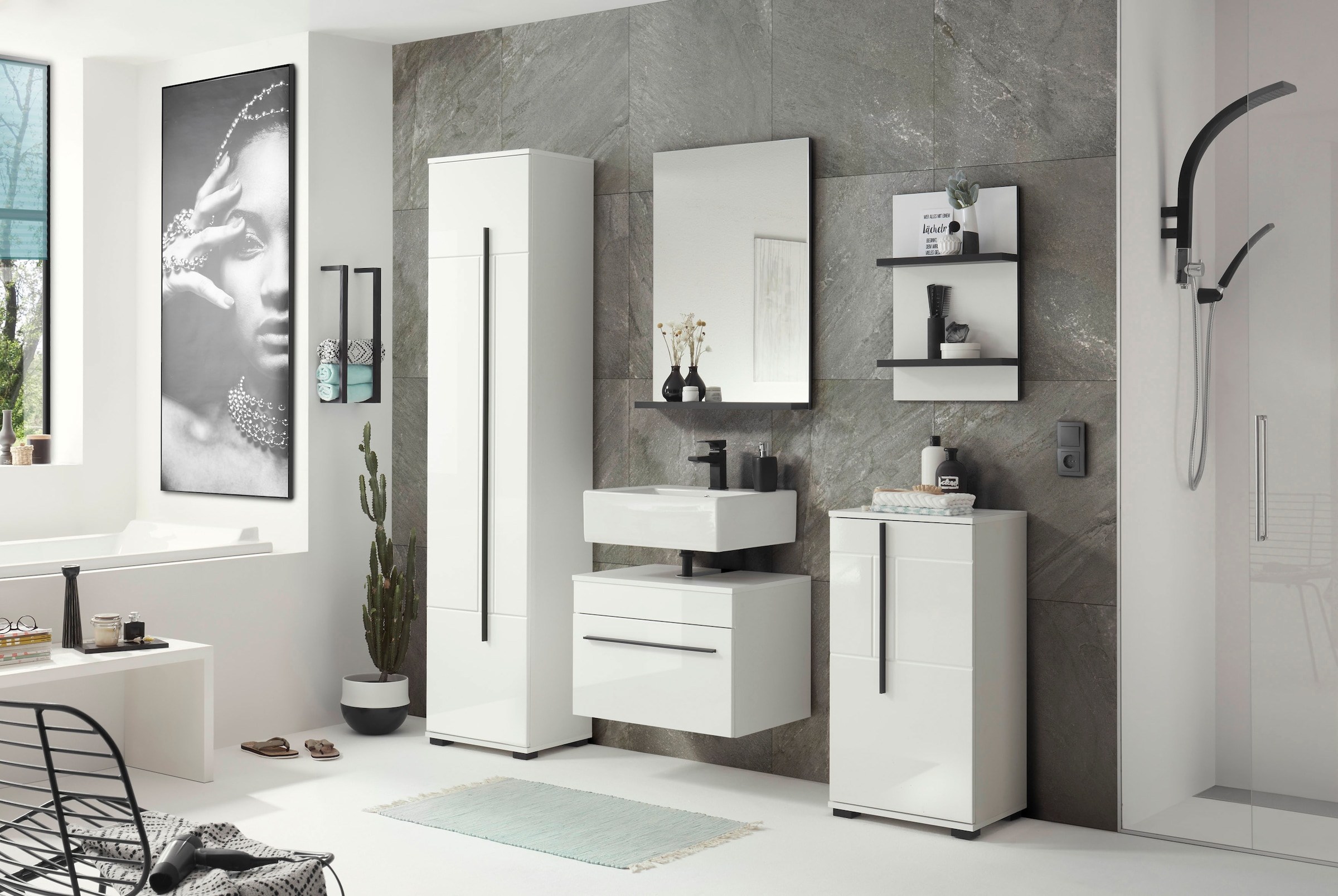 INOSIGN Waschbeckenunterschrank »Cantara, Badschrank in Hochglanz Weiss, Waschtisch« mit schwarzem Griff, ausreichend Stauraum