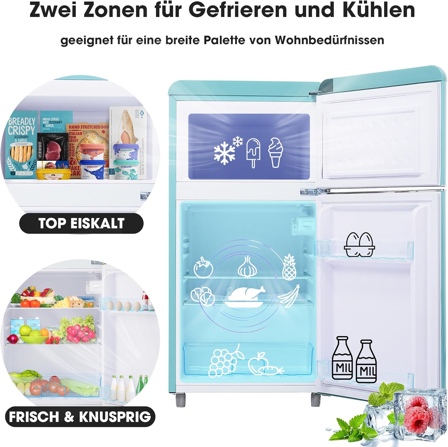 Merax Kühlschrank mit Gefrierfach, Kühl-Gefrierkombination, 72 Liter Doppeltür-Kühlschrank mit 21L Gefrierschrank, 39dB, LED, Glasablagen, Gemüsefach, Türablagen, für Küche, Wohnzimmer, Büro, Cyan