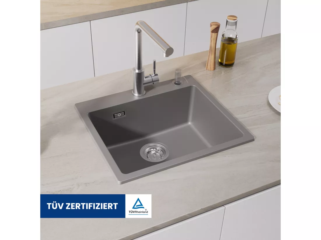Cecipa max Evier Quartz 50x45cm + 300ML Distributeur de Savon Brossé - Evier 1 Bac en Quartz Evier de Cuisine- Evier à Encastrer 1 Vasqu - Evier Gris
