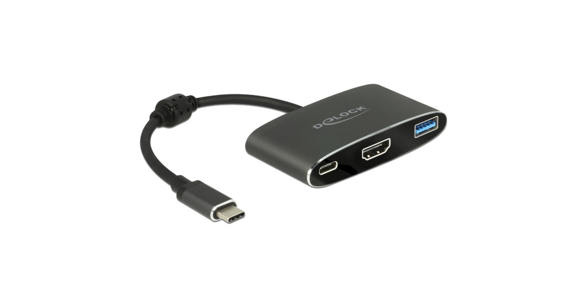 DeLOCKUSB-C male > HDMI female + USB-A + USB-C PD adapter  (Zwart, 0,2 meter, 4K 30Hz)