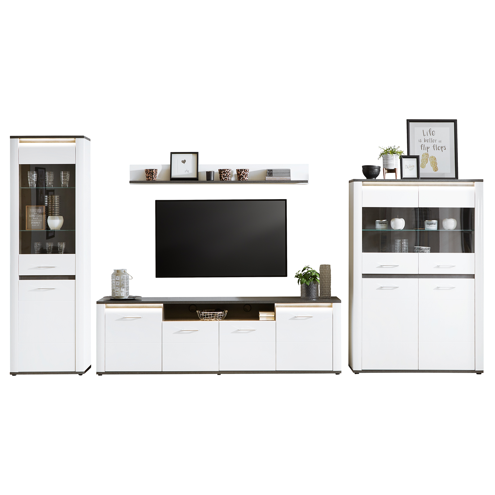 Luca Bessoni Highboardvitrine ALASSIO - weiß Hochglanz - Matera dunkel - 109 cm