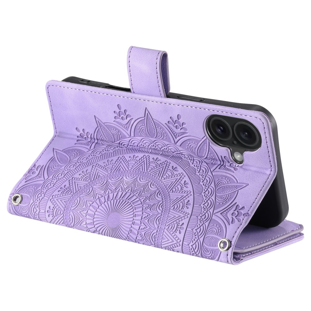 iPhone 16 Leder Tasche Flip Cover mit Reissverschluss - Mandala Flowers Imprint - Lila