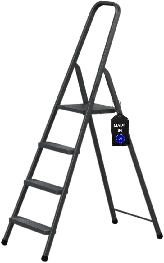 PROREGAL Economy Basic Trapladder, Gemaakt van hoogwaardig staal, Enkelzijdig toegankelijk, 4 treden, Werkhoogte 2,75 m, Draagvermogen 125 kg, Zwart