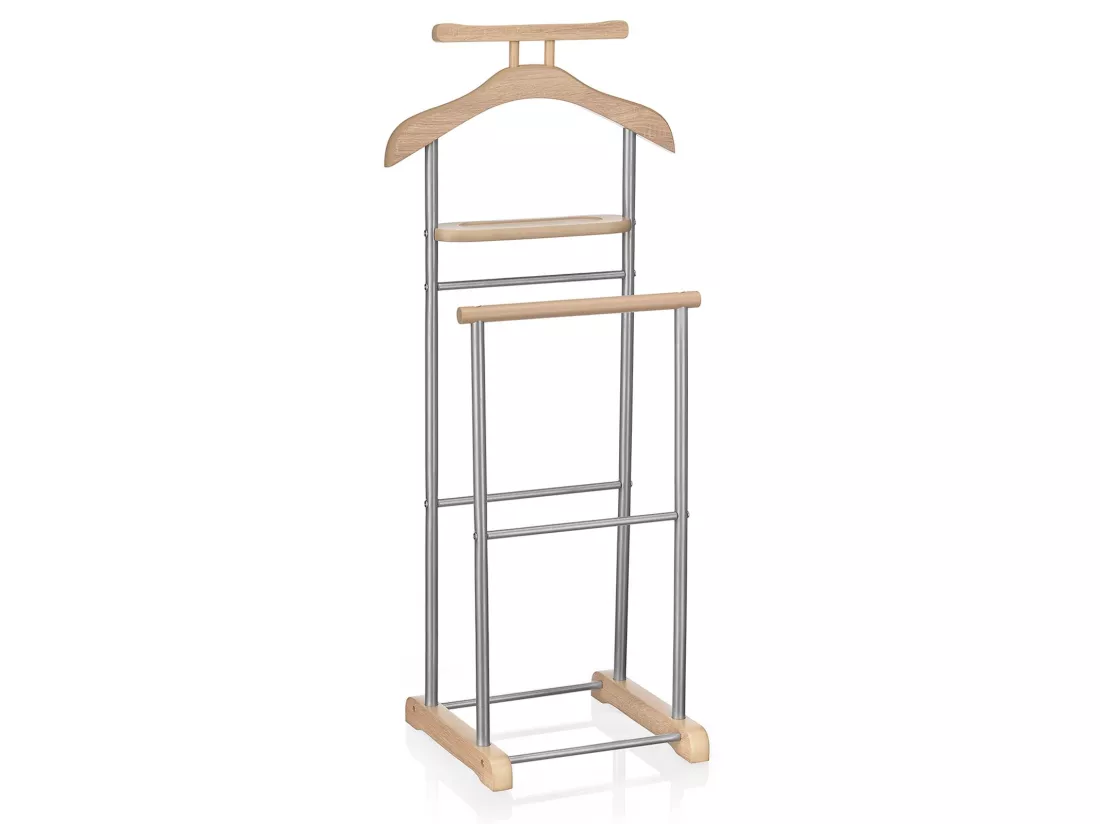 Valet de chambre MEDINA chevalet de nuit double portant pour vêtements, en MDF décor chêne sonoma et métal laqué argenté