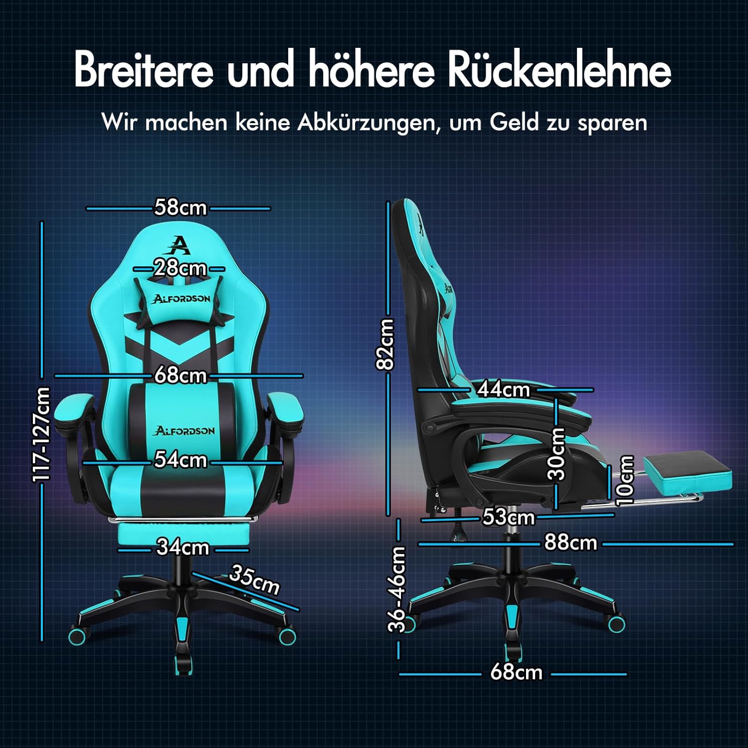 ALFORDSON Gaming Stuhl mit 8-Punkt Massage 12 Farben RGB LED-Licht, Bürostuhl Ergonomisch mit fußstützen, Kopfstütze Lendenkissen für Kinder Erwachsene, Cyan
