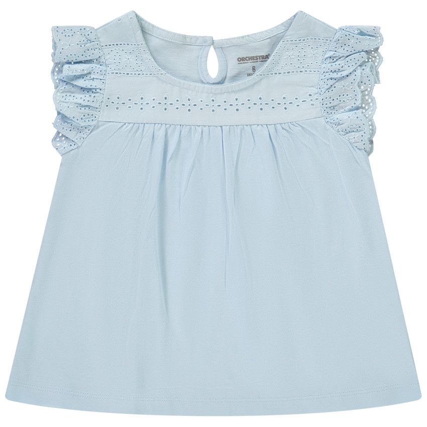 T-shirt manches courtes avec broderie anglaise pour fille - Bleu