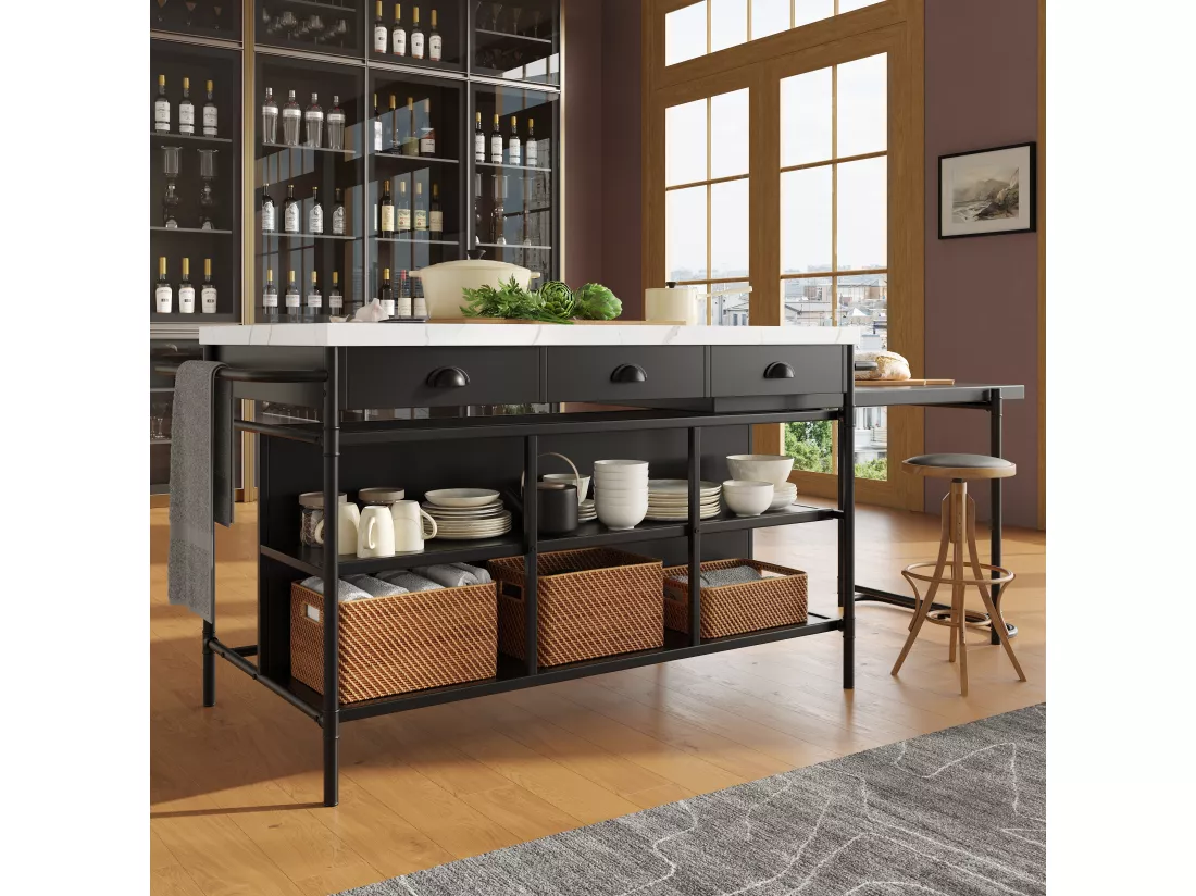 Ensemble Ilot central de cuisine + 4 chaises avec 3 tiroirs et étagères - 128.6 x 71.9 x 90 cm - Plateau extensible - MDF + métal - Noir