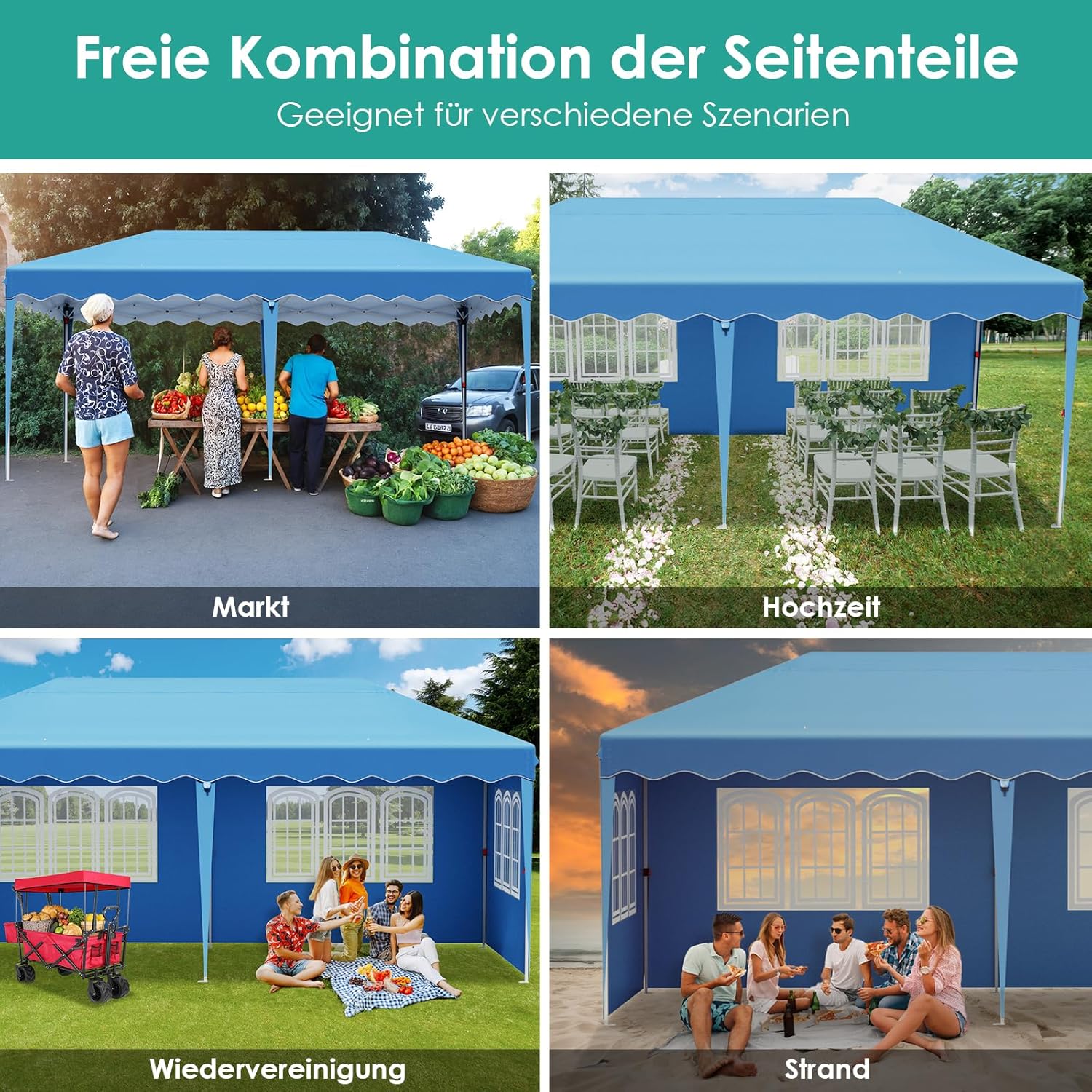 Pavillon 3x6 Faltpavillon mit 4 Seitenteilen 6 PCS Sandsack, Wasserdicht Partyzelt 420D Oxford Verdicken, Anti-UV 50+ Gartenpavillon, inkl. Tragetasche, Pavillons für Garten Party Hochzeit,Blau