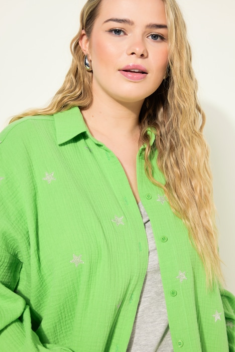 Hemdbluse, oversized, Musselin, Hemdkragen, Langarm, Stickerei