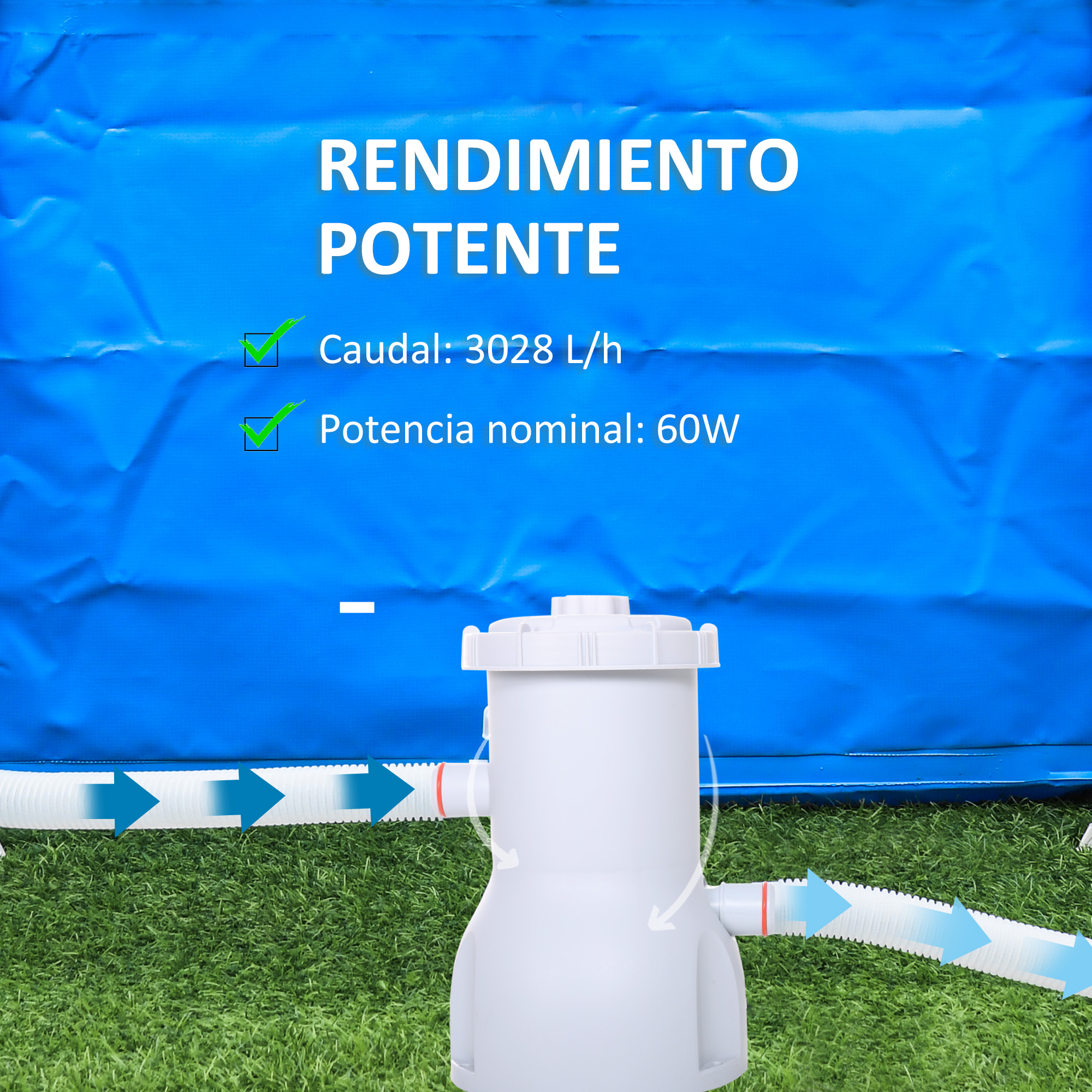 Bomba de filtro Outsunny 3028 L/h para piscinas acima do solo de até 15.000 L, com mangueiras de conexão de 32 mm, Ø18x28 cm, branca.