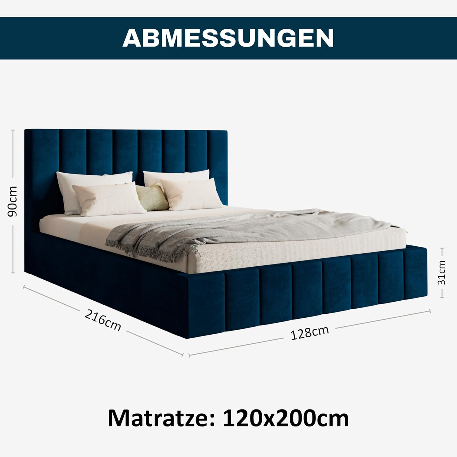 Ibiza Bett 120x200 Blau Samt, mit Stauraum, mit Kopfteil, mit Lattenrost, ohne Füße, ohne Matratze, Polsterbett 120x200 mit Bettkasten Blau (Dunkelblau)