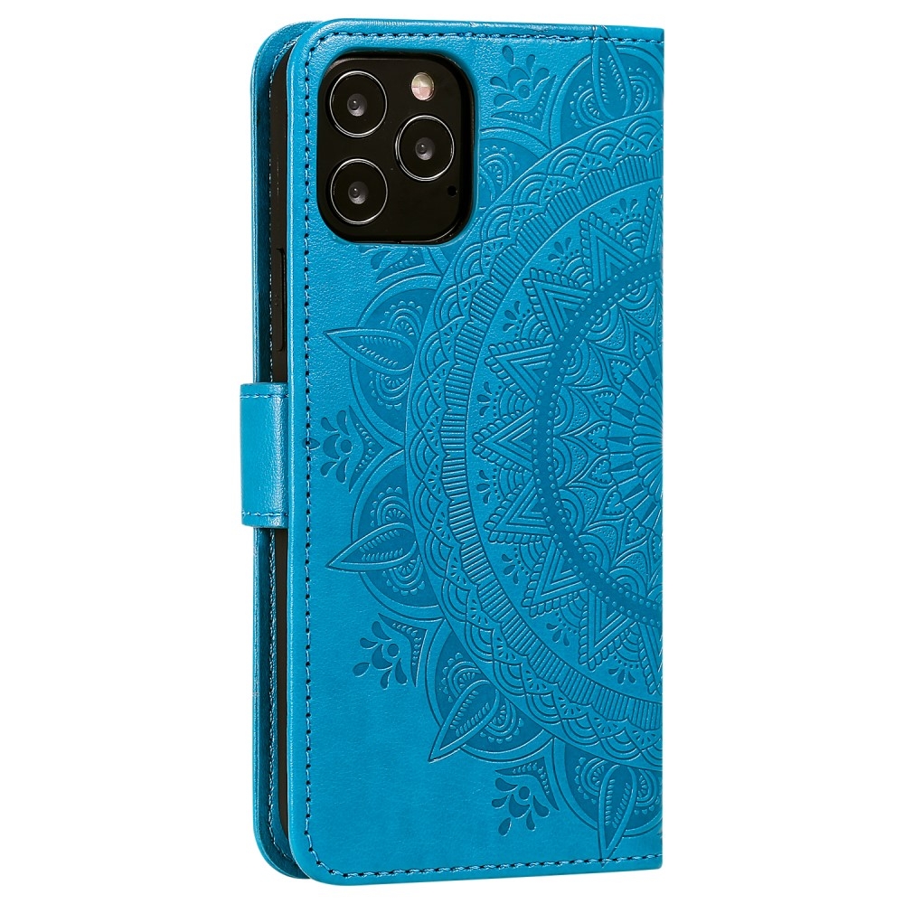 iPhone 12 / iPhone 12 Pro Leder Tasche Wallet - Mandala Flowers Imprint - Blau