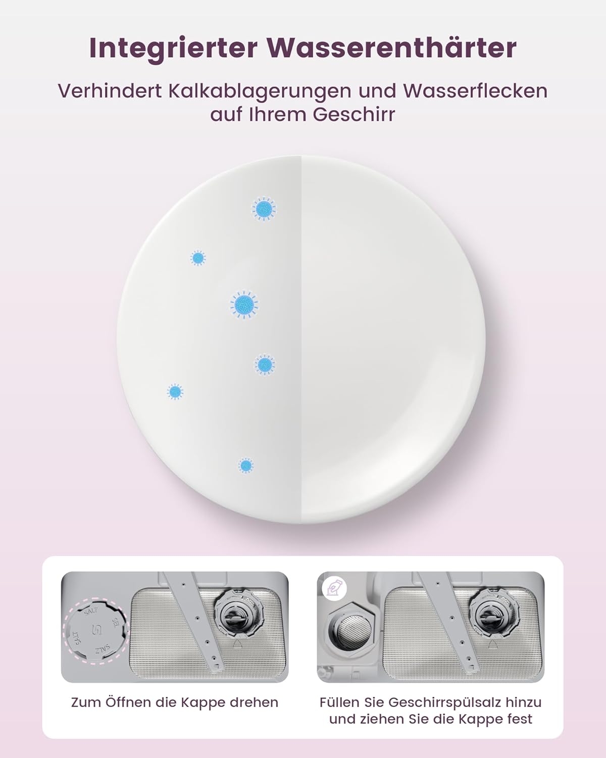 HAVA Tischgeschirrspüler mit Wasserenthärter und erhöhter Energieeffizienz, Spülmaschine mit 8 Programmen, Kindersicherung & verzögerter Start, keine Installation erforderlich - Zarter Flieder