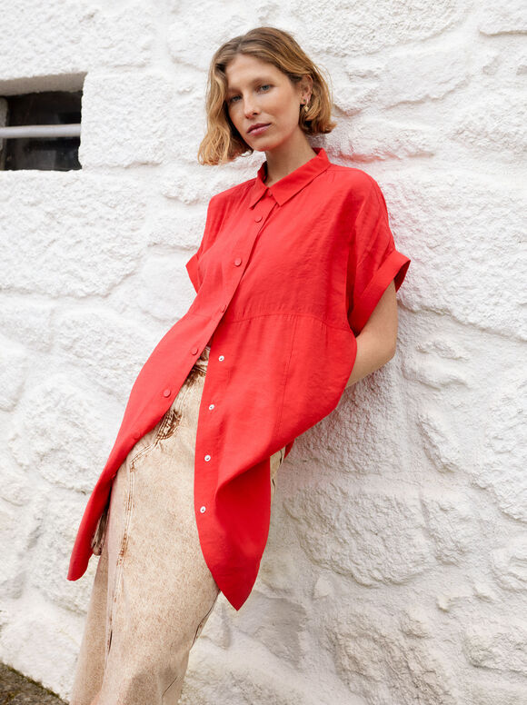 Vestido midi de manga curta - Vermelho