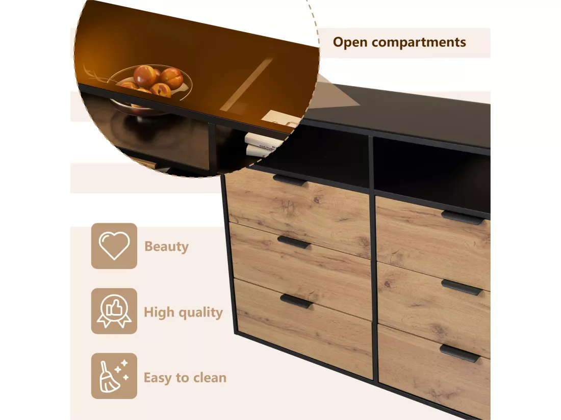 Commode avec 6 tiroirs et 2 compartiments - plateau en verre - Marron