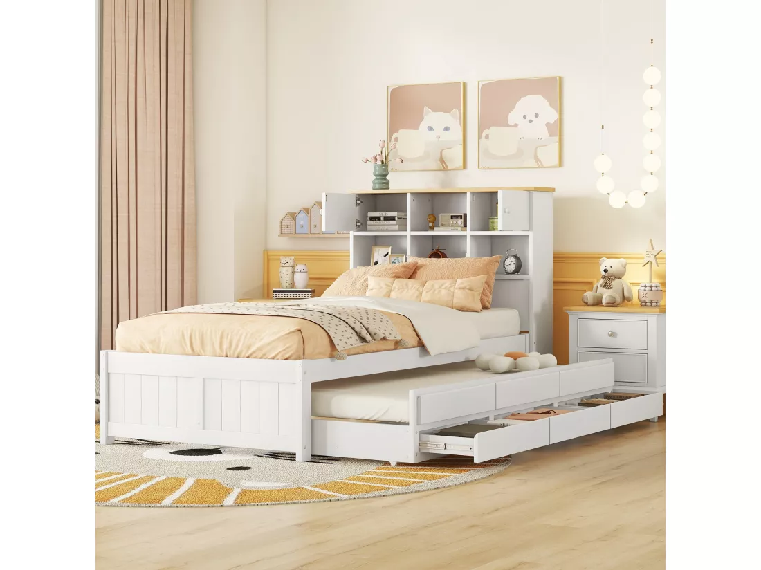 Lit gigogne avec rangements et 3 tiroirs - 90 x 200 et 90 x 190 cm - bois MDF - blanc - LOSIANA