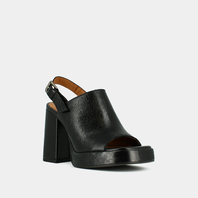 Sandales à talons et bouts carrés  en cuir vieilli noir