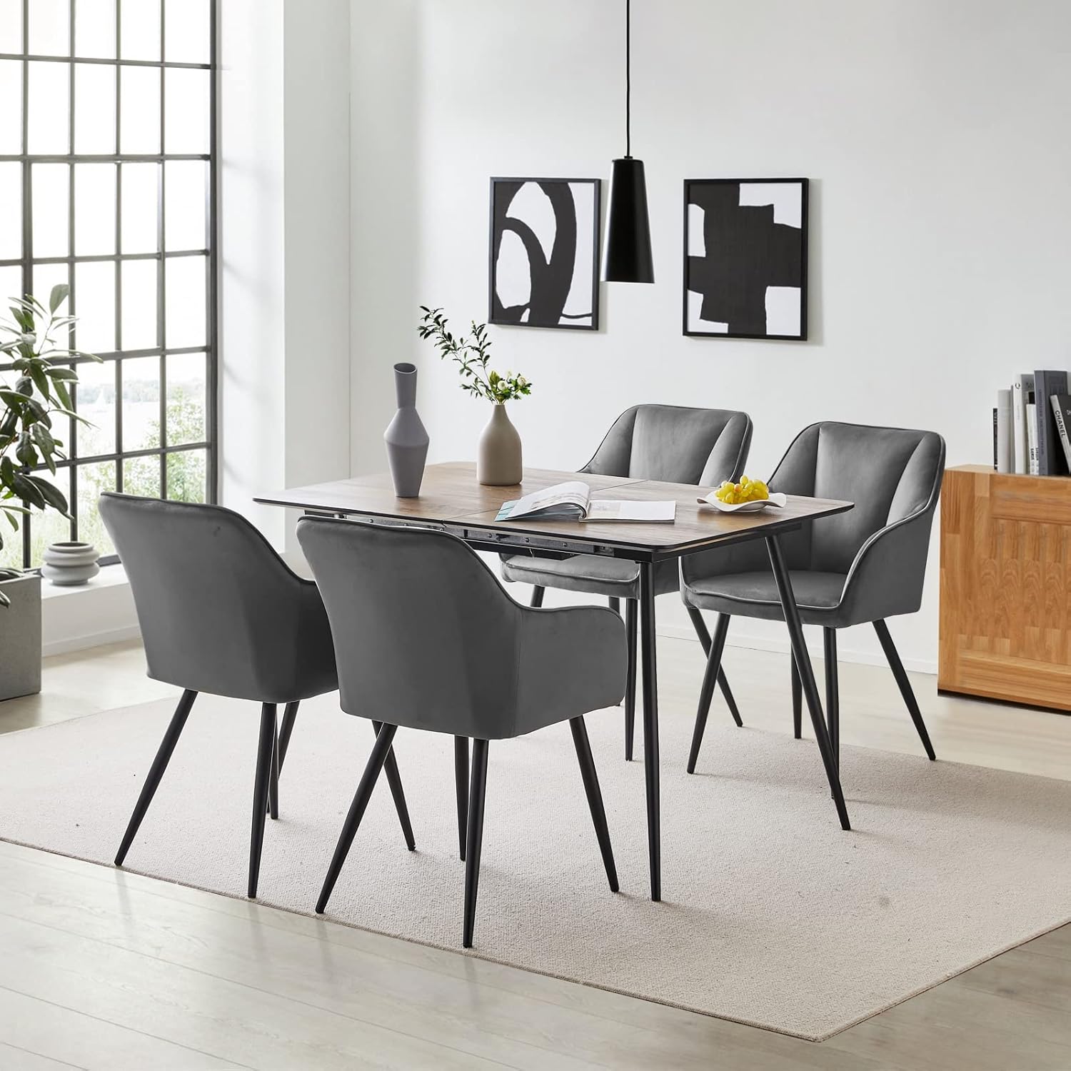 TUKAILAI Esszimmerstühle 2er Set, Samt Stühle Esszimmer mit Armlehne, Armlehnstuhl, Küchenstuhl, Polsterstuhl aus Polyester mit Metallbeine und Rückenlehne für Esszimmer Wohnzimmer Küche,Grau