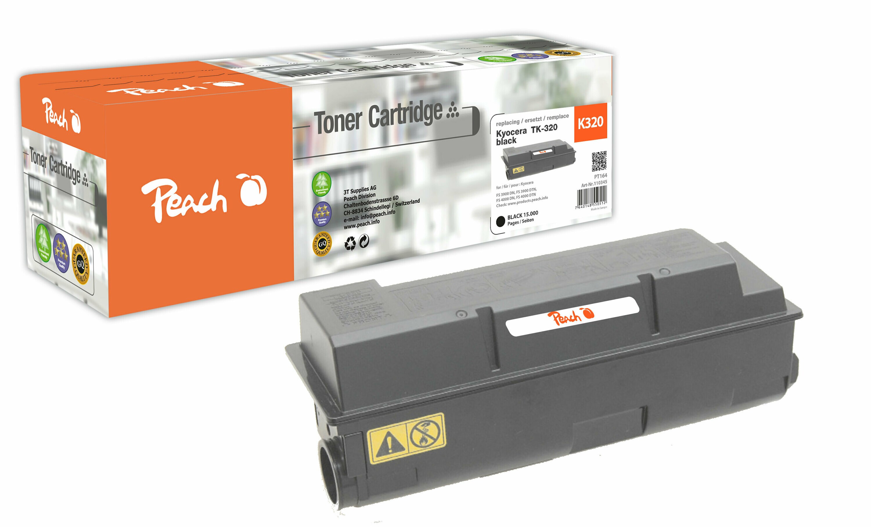 Peach K320Toner bk ersetzt Kyocera TK-320 für z.B. Kyocera FS -3900 DN, Kyocera FS -3900 DTN, Kyocera FS -4000 DN, Kyocera FS -4000 DTN (wiederaufbereitet)