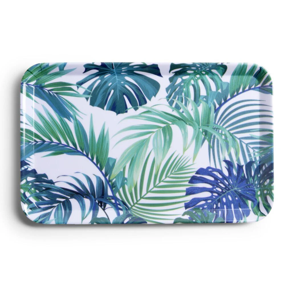 Plateau rectangulaire mélaminé feuillage exotique blanc et bleu 19x30cm