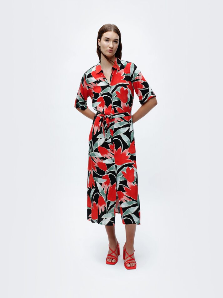 Vestido midi com cinto combinando - Vermelho