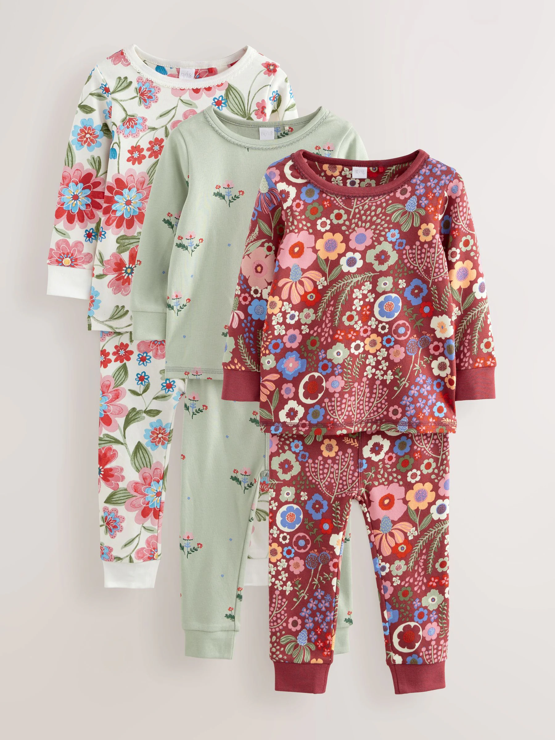 Rood/groen met bloemenprint - Verpakking van 3 knusse pyjama's (9 mnd-10 jr)