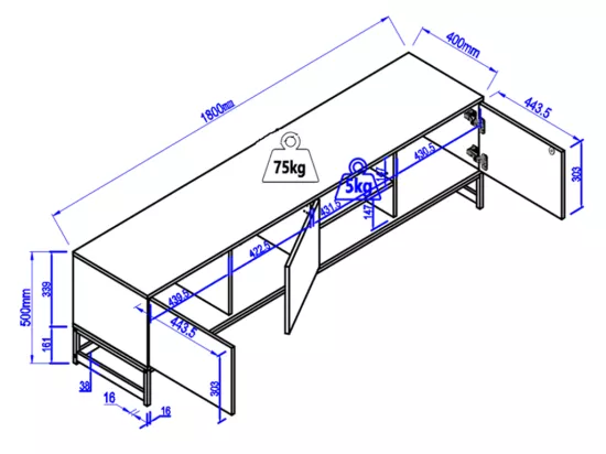 Meuble TV avec 3 portes et 2 niches - MDF - Naturel et noir - CARATANA