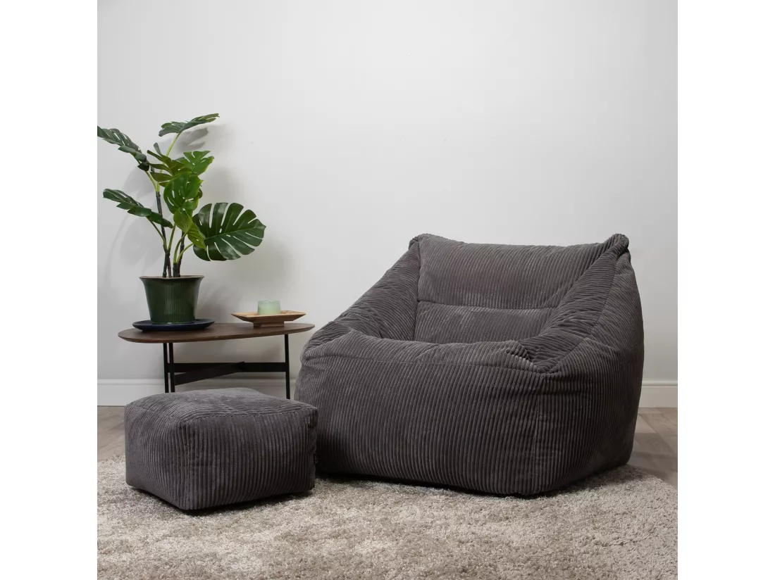 Pouf fauteuil et son repose-pieds carré velours côtelé gris anthracite - MORGAN