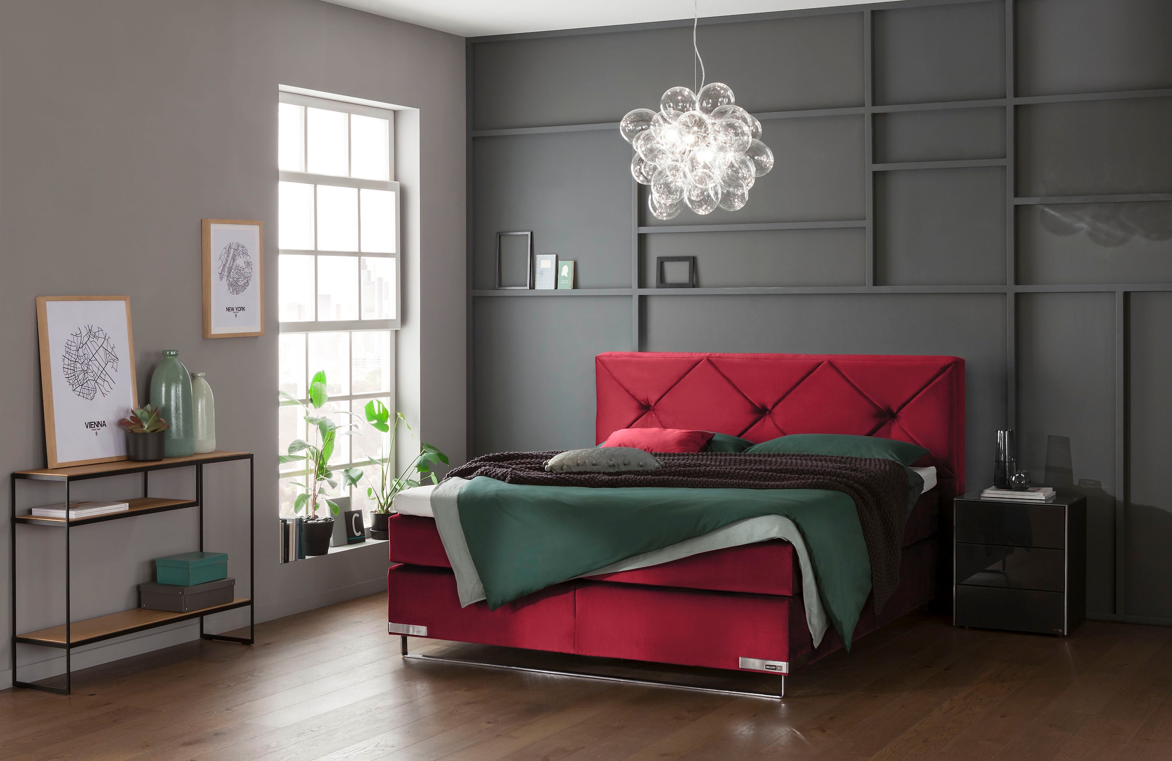 GALLERY M branded by Musterring Boxspringbett »Dubai« Kufe in Chrom, 3 Härtegrade, Kopfteil mit Knopfheftung