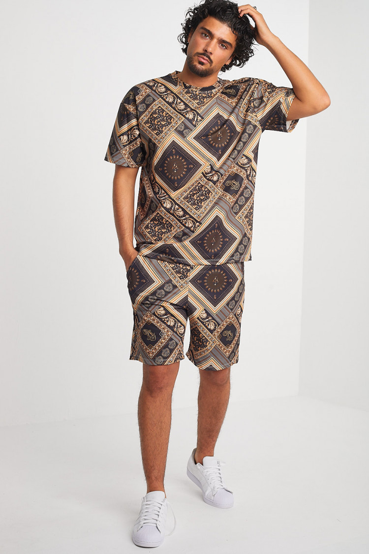 Ensemble 2 pièces t-shirt + short noir à motif baroque