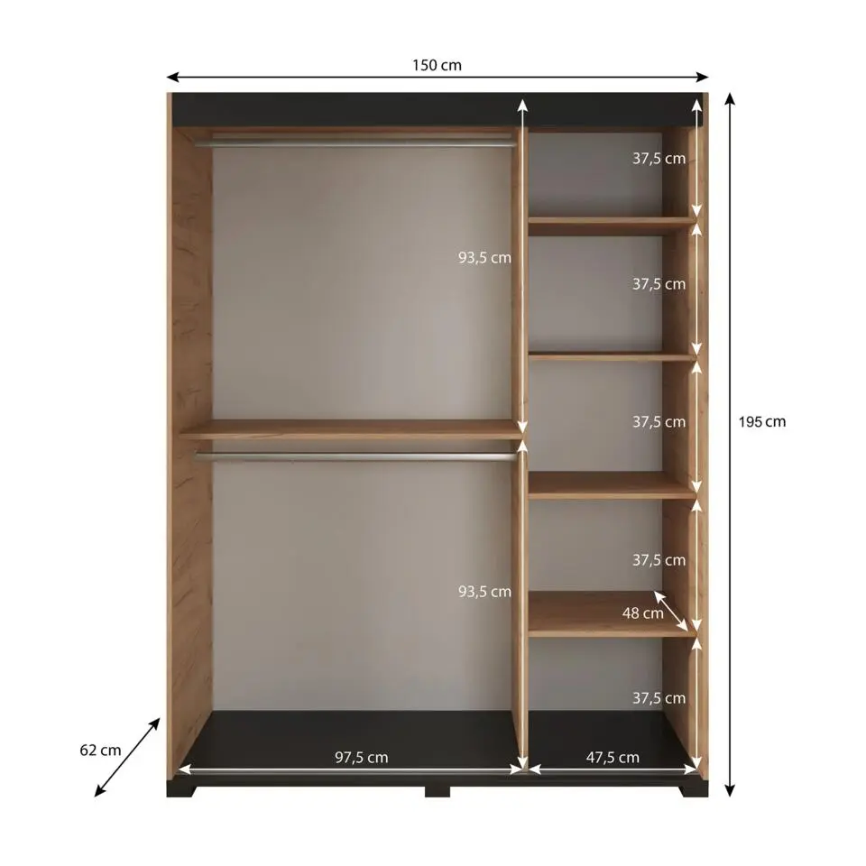 Meubella - Kledingkast Fabio - Eiken - 150 cm - Met spiegel