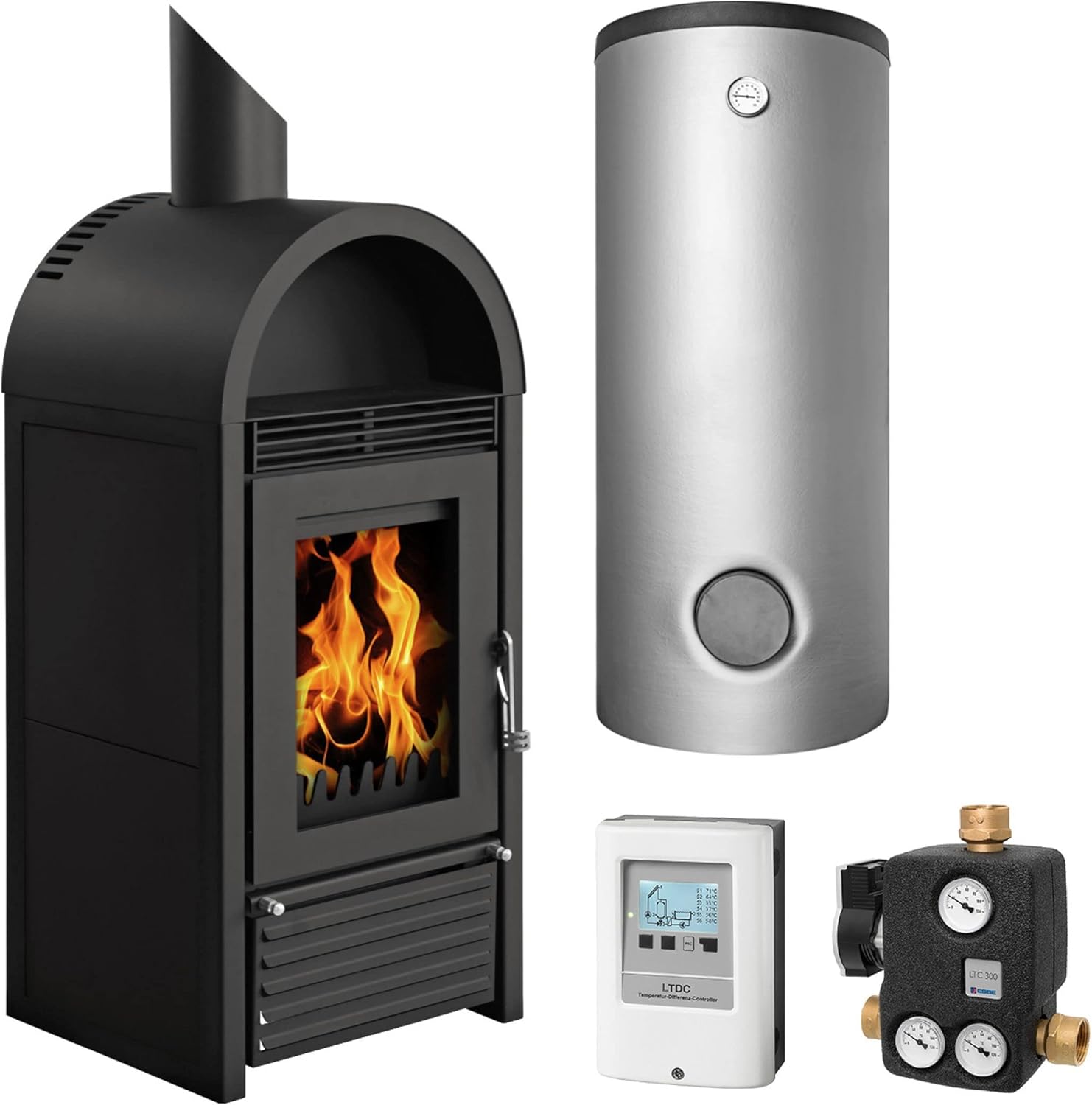 KS3021 Marbella Stahl Schwarz Wasserführender Kaminofen - Komplett-Set mit Pufferspeicher TPSM 300L