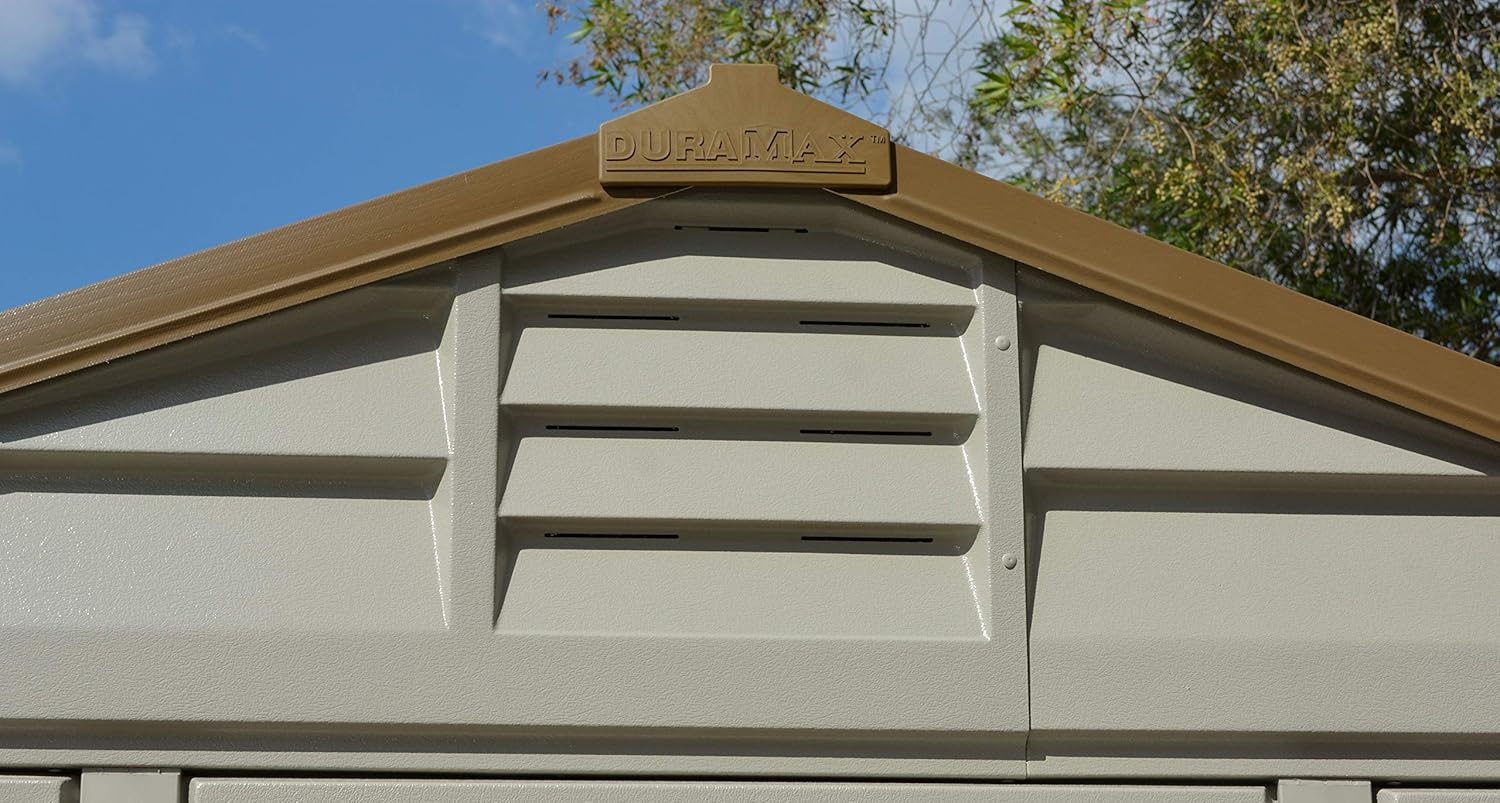 Duramax Apex 10.5 x 8 (7.64 m²) Kunststoff gerätehaus mit 2 festen Fenstern und Metallfundamentset, Allwetterlösung für den Außenbereich, zum Abstellen von Fahrrädern, Gerätehaus, Adobe & Brown