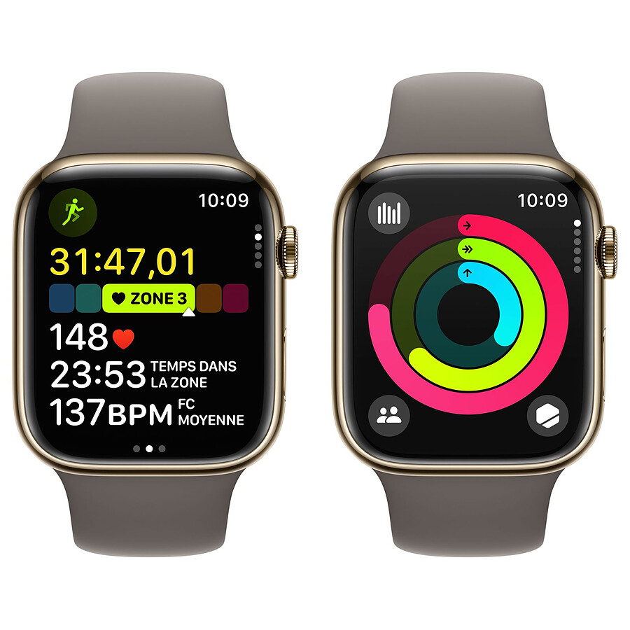 Apple Watch Series 9 GPS + Cellular - Acier Inoxydable Or - Bracelet Sport Band Argile - 45 mm - Taille S/M