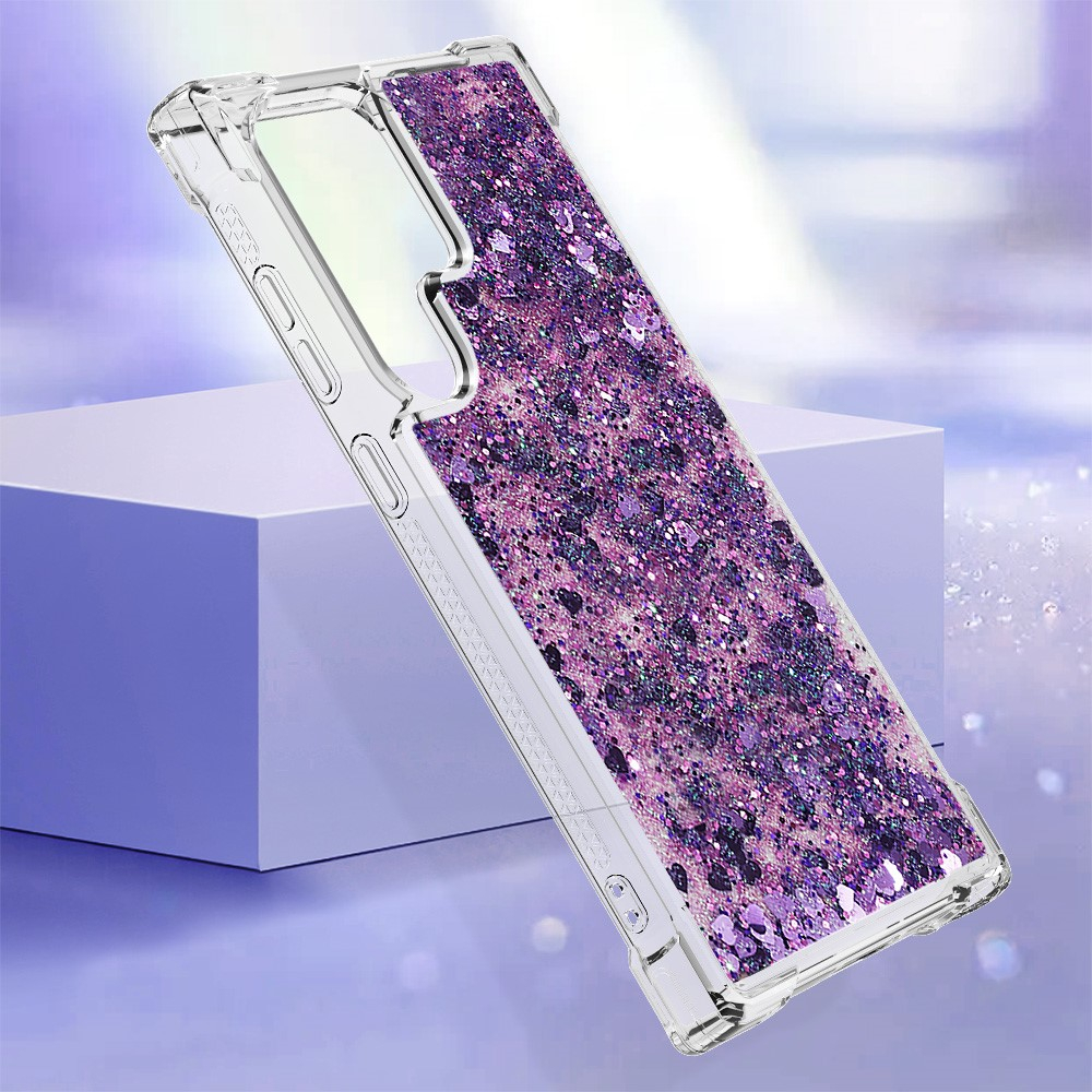 Samsung Galaxy S24 Ultra Hardcase Hülle mit Air Cushion Fallschutz Liquid Case Glitzer Herzen - Lila / Transparent