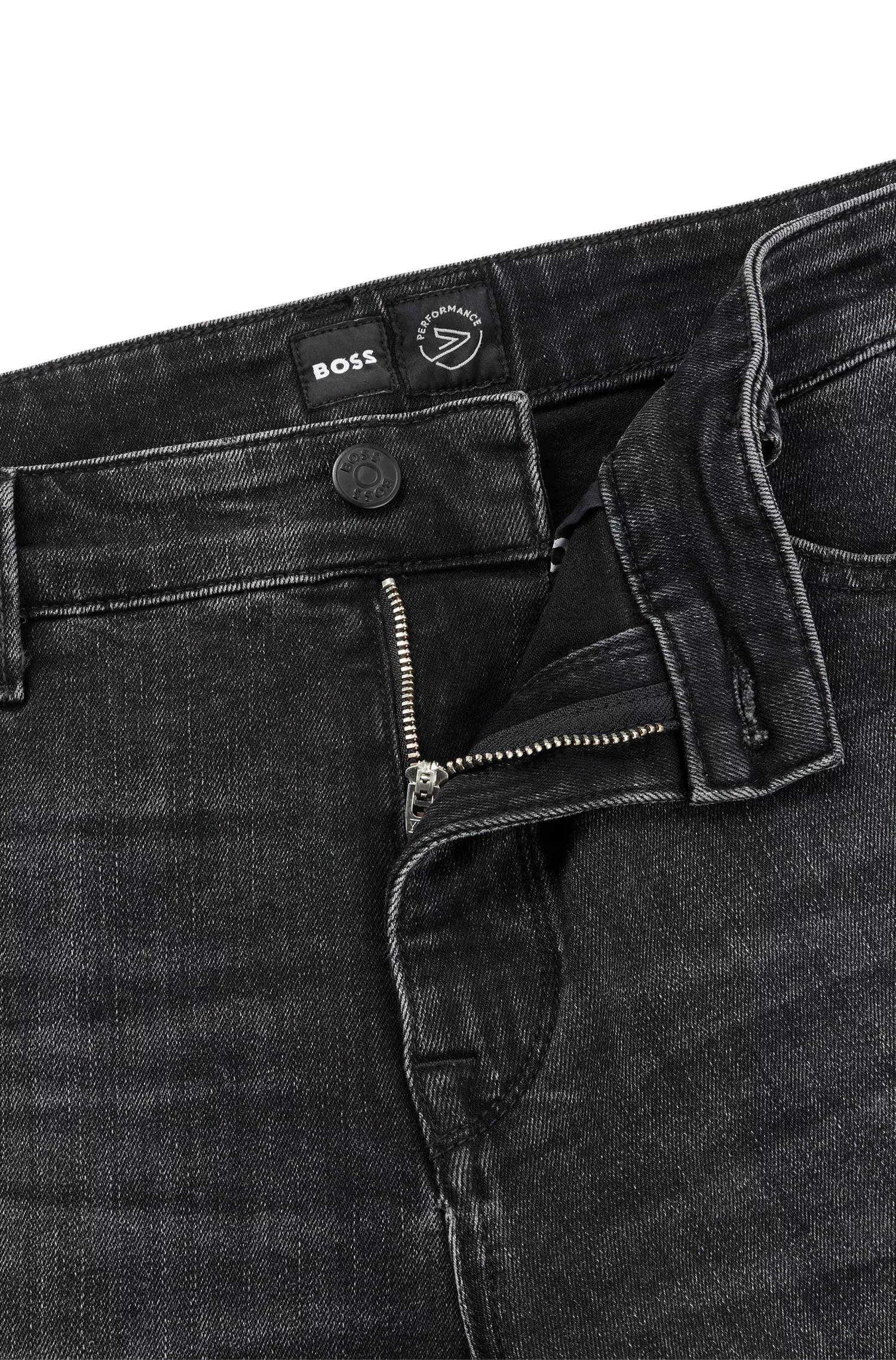 Calça jeans BOSS preta, corte regular, em denim Coolmax® preto.