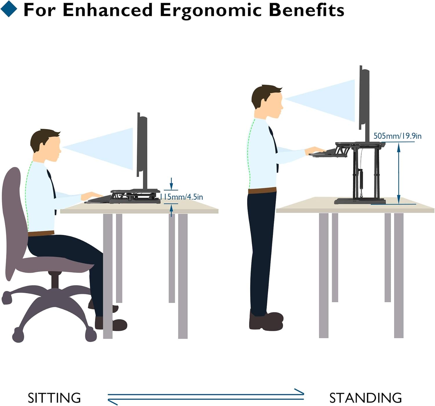 BONTEC Steh-Sitz Schreibtisch Steharbeitsplatz Stehpult Standtisch Ergonomische Höhenverstellbar für PC-Computerbildschirm, Laptop | 80x40cm Plattform mit Tastaturablage, 15 kg Kapazität, Schwarz